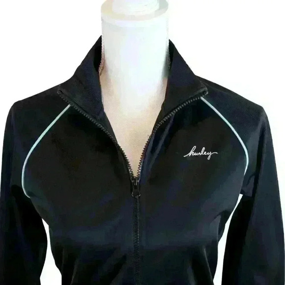 VINTAGE Y2K Hurley Black Zip Up Jacket w/Rainbow Waistband and Cuffs Size Medium - Picture 2 of 10